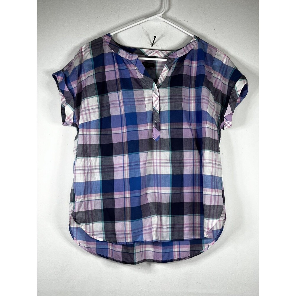 Talbots Blouse Womens Petite Medium MP Blue Plaid Henley Short Sleeve Cotton Top